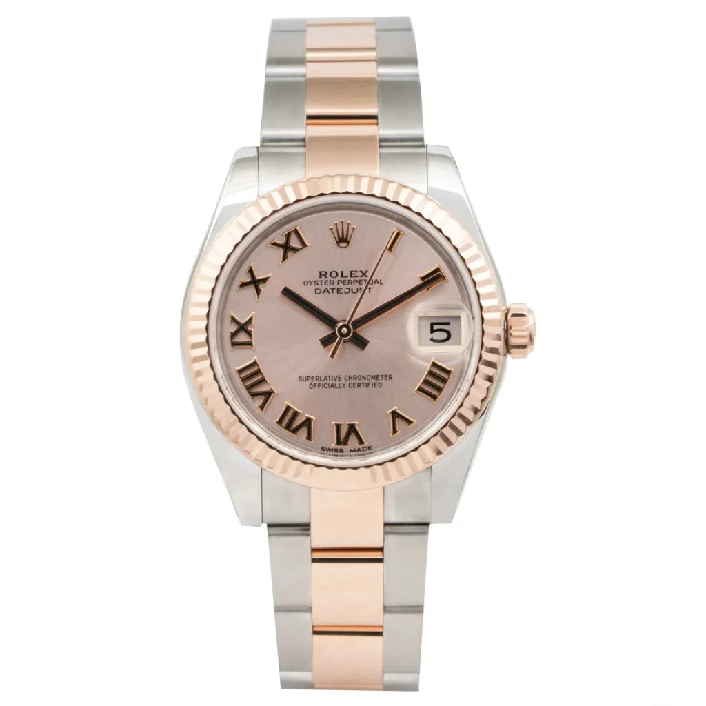Pre-owned women’s Rolex Datejust in stainless steel and rose gold with a sapphire crystal and automatic movement.