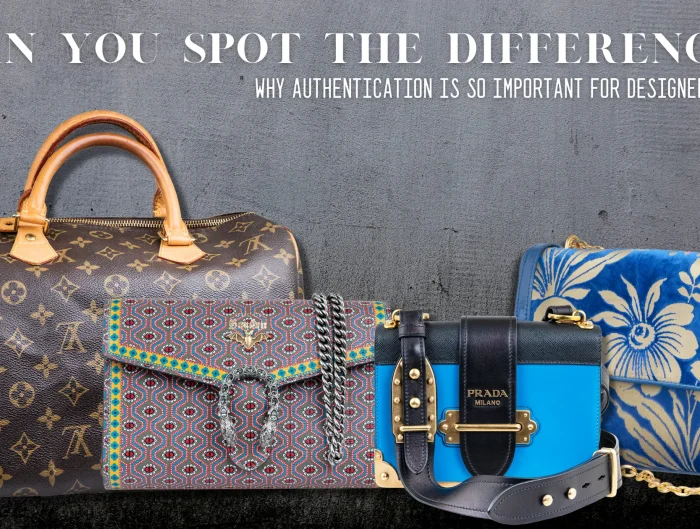 Various vintage designer handbags on a grey concrete background with text “Can You Spot the Difference? Why Authentication is so Important for Designer Bags”.