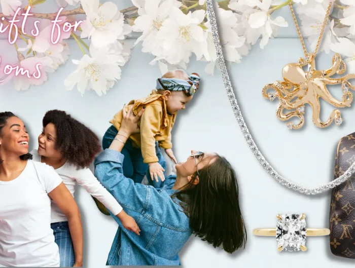 3 Moms with children and various women’s accessories on white floral background with text “Beautiful Gifts for Beautiful Moms”.