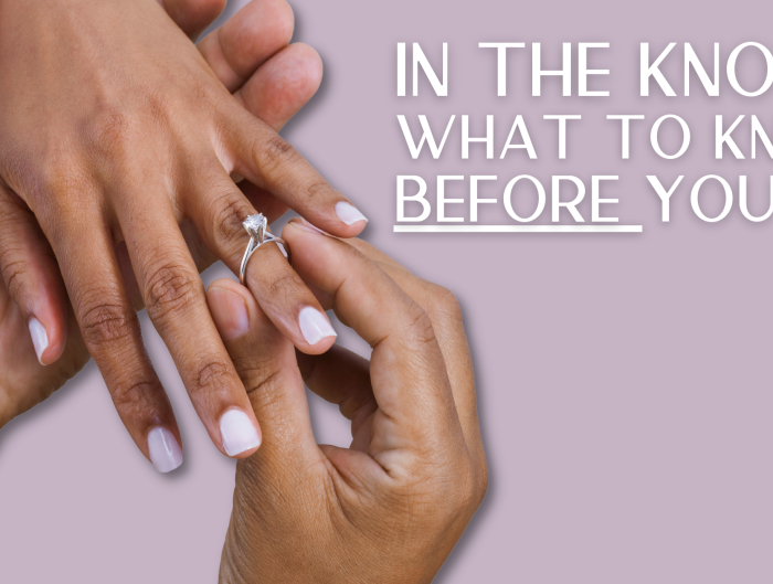 Man putting engagement ring on woman’s ring finger with text “In the Know: What to Know Before You Go”.