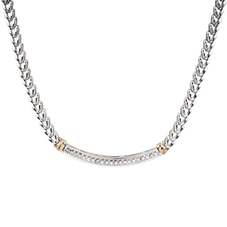 Men’s white and yellow gold “V” link necklace centered with a curved diamond bar.