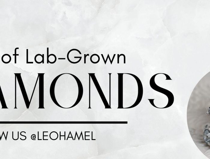 White background featuring lab-grown diamond rings and earrings with text History of Lab-Grown Diamonds – Follow us @LeoHamel.