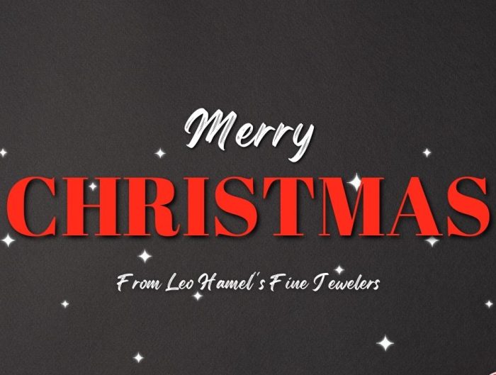 Gray background with festive mistletoe, candy canes, and ornaments with text Merry Christmas from Leo Hamel’s Fine Jewelers.