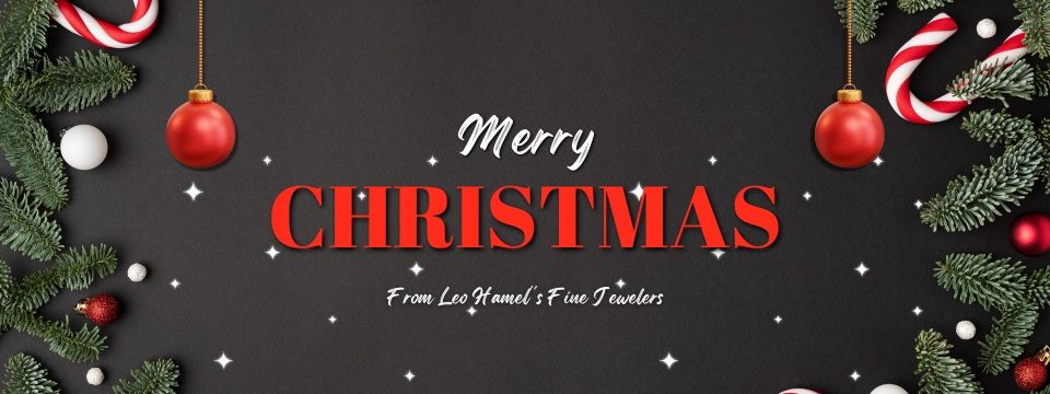 Gray background with festive mistletoe, candy canes, and ornaments with text Merry Christmas from Leo Hamel’s Fine Jewelers.