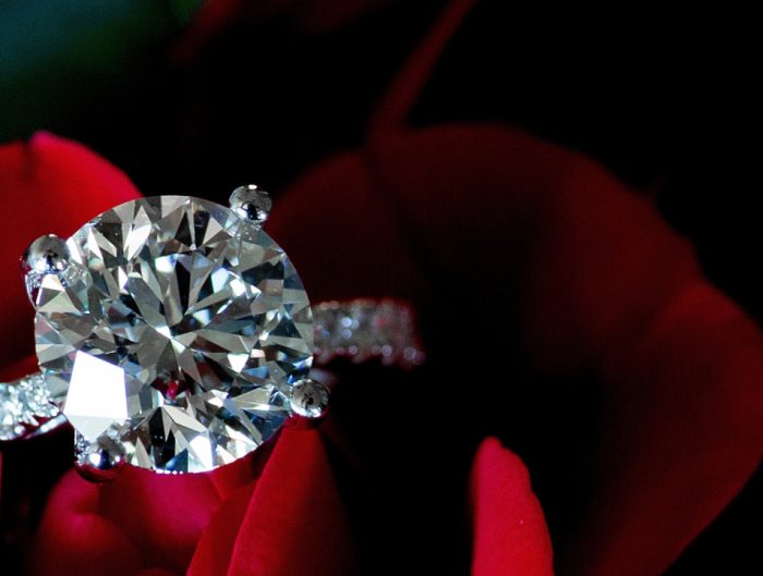 White gold diamond engagement ring placed on a rose.