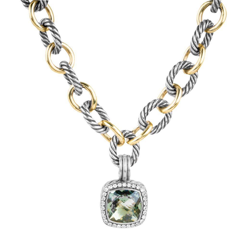 Vintage David Yurman pendant set with prasiolite and diamonds.