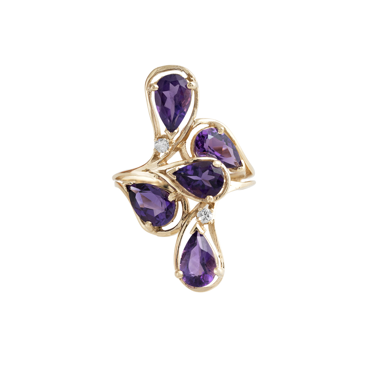 Yellow gold freeform floral elongated ring set with amethyst and diamonds.