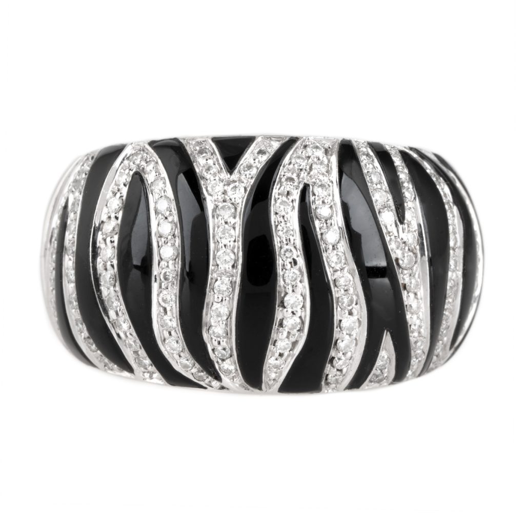 White gold and black enamel Roberto Coin zebra ring set with diamonds.