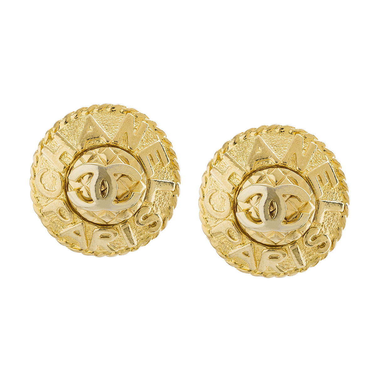 Vintage Chanel Paris Logo Large Disc Earrings