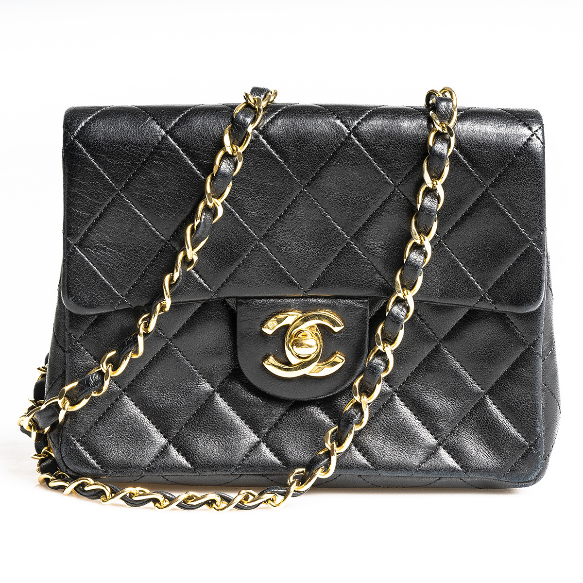 CHANEL Mini Square Flap Leather Shoulder Bag Black