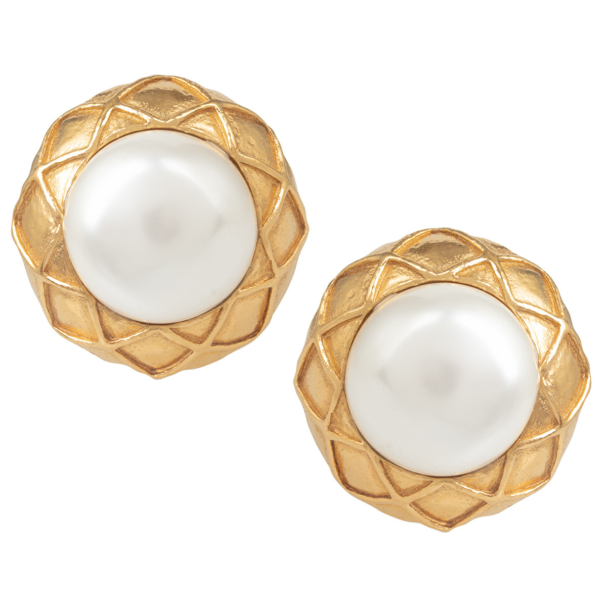 Chanel Vintage Faux Pearl Gold Tone Clip-on Stud Earrings Chanel