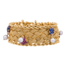 Vintage 5.5-6mm Pearl, Sapphire, & Ruby Woven Bracelet