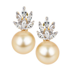 Vintage 10.5-11MM Golden Pearl & Diamond Earrings