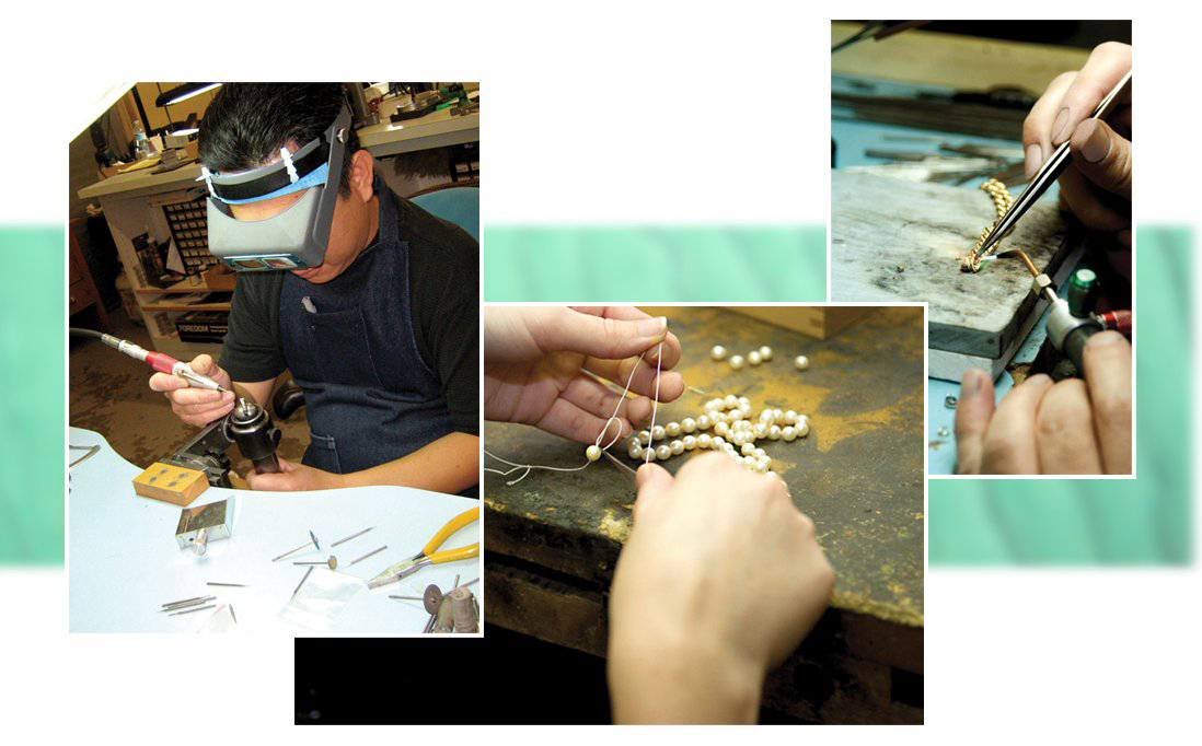 Collage of three images showing a jeweler working with tools, stringing pearls, and repairing a gold chain.