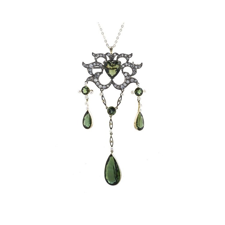 Antique diamond and green gemstone drop pendant necklace.