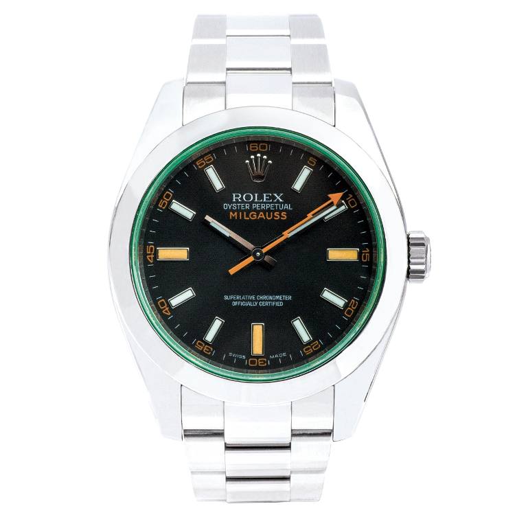 Pre-owned Rolex Milgauss in stainless steel with a black dial that has orange and green markers.