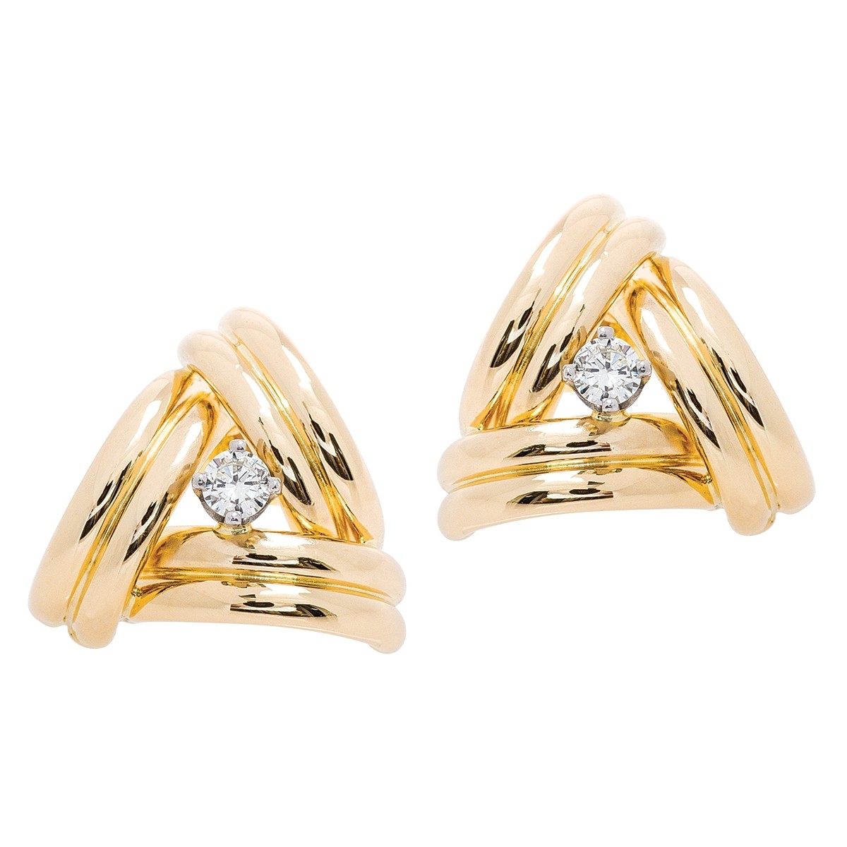 Yellow gold triangle earrings set with round diamonds.