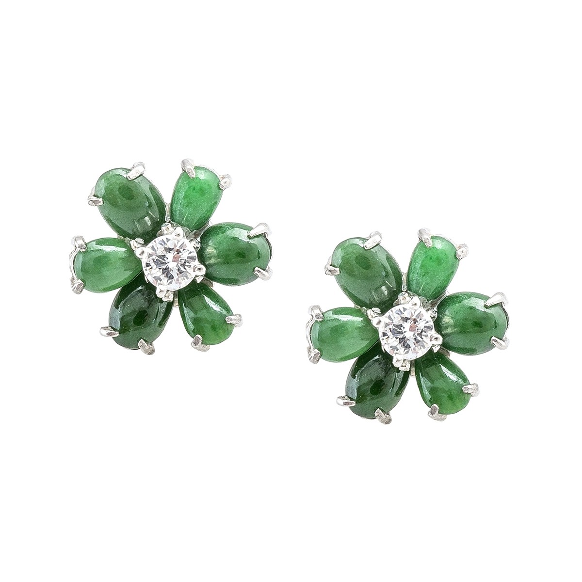 Platinum flower earrings set with diamond and jade.