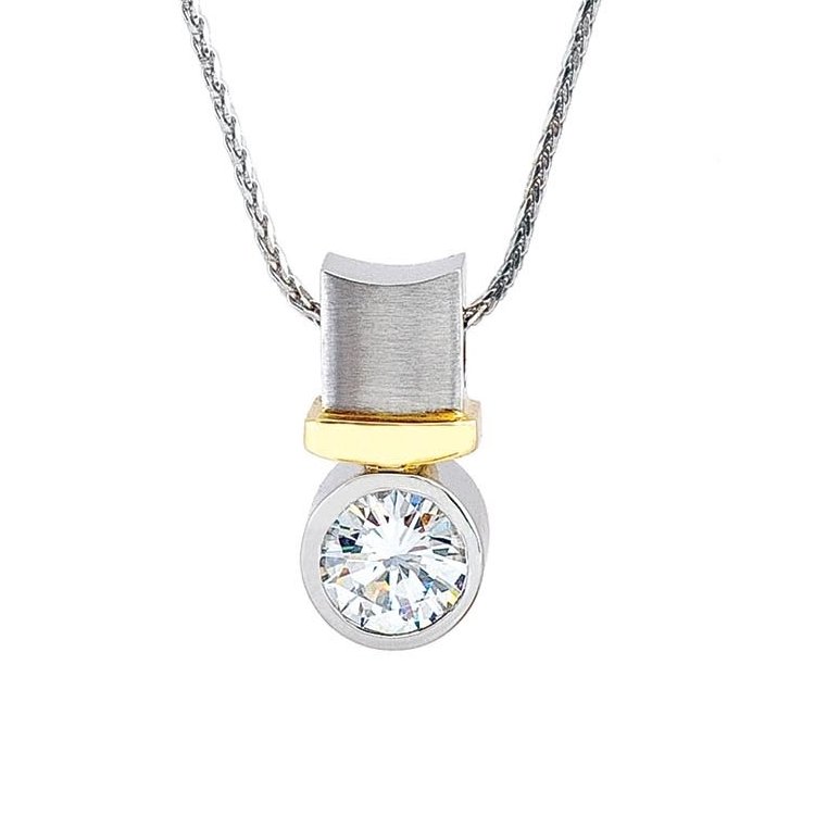 Platinum pendant set with a round diamond.