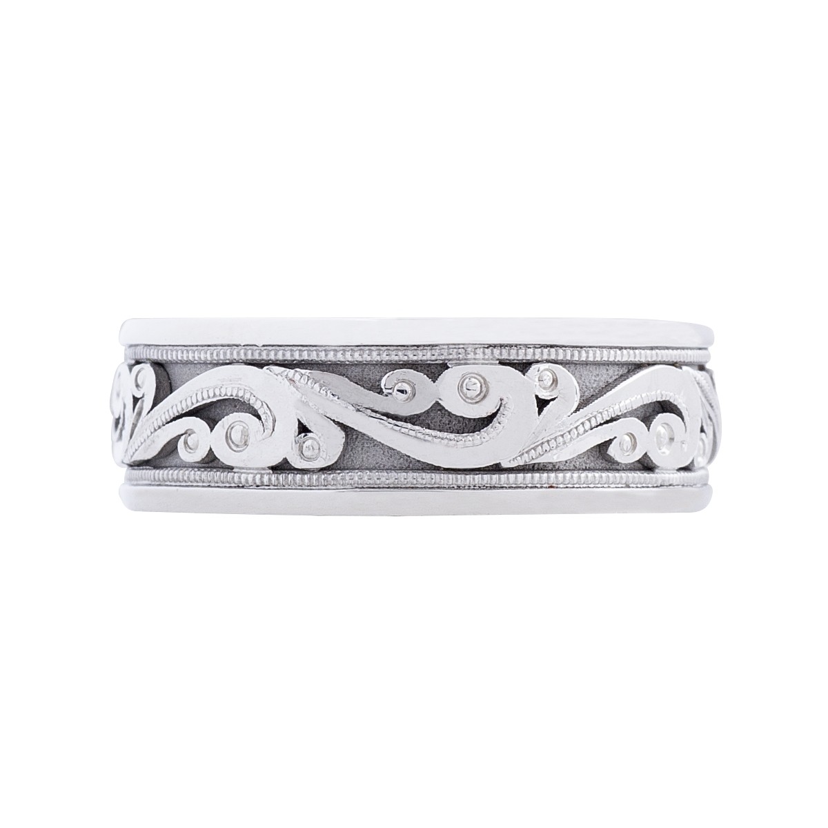 Platinum filigree wedding band gypsy set with diamonds.