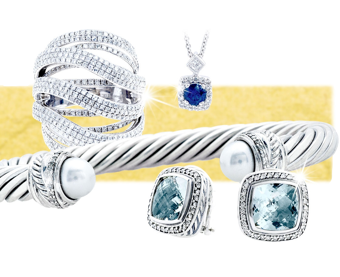 Diamond, gemstone, and vintage designer jewelry including a ring, necklace, bracelet, and earrings.