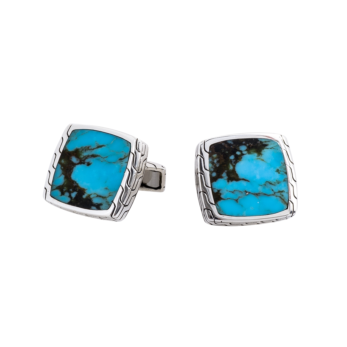 Silver cushion-shaped stud earrings set with turquoise.