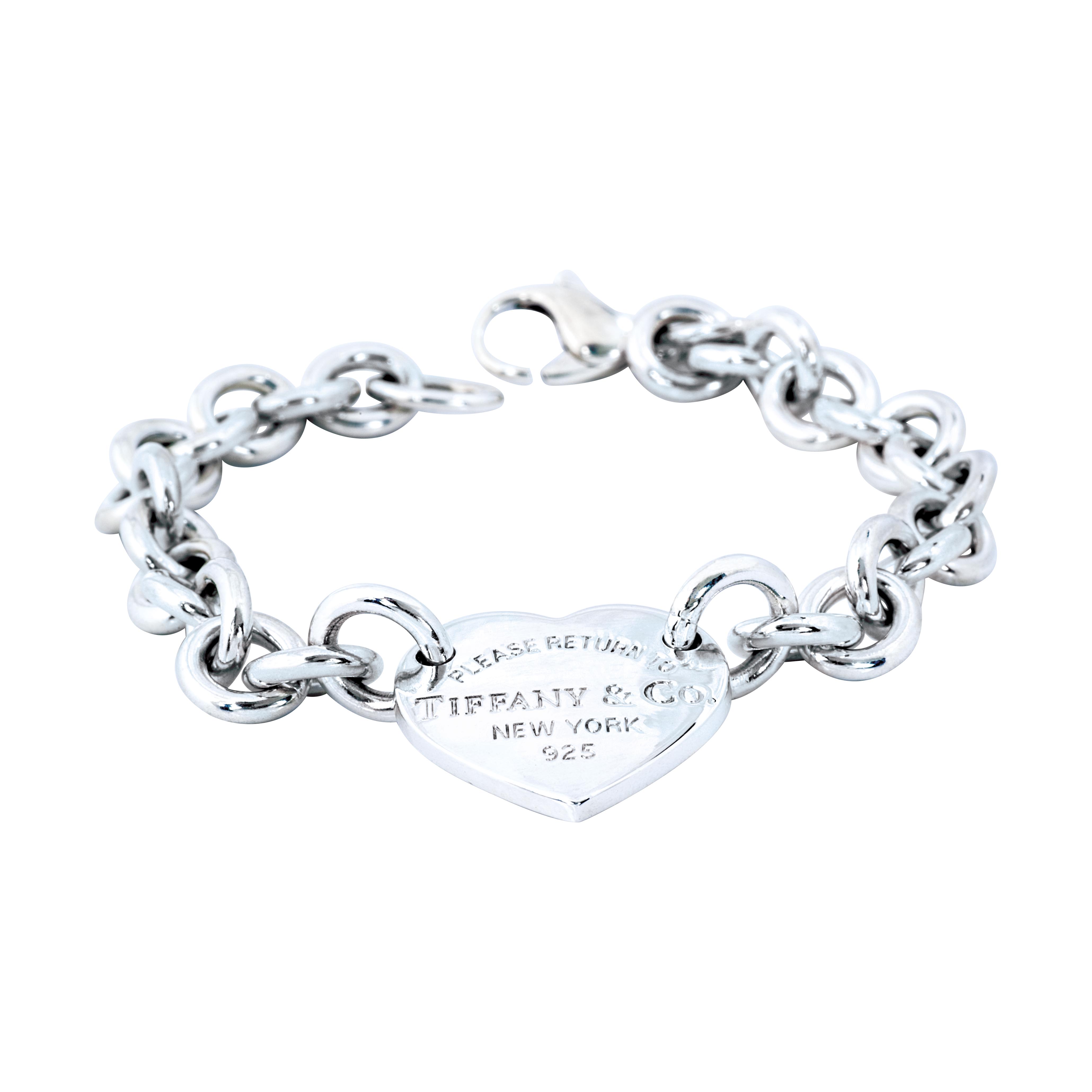 Vintage sterling silver Tiffany & Co. heart tag engraved link bracelet.