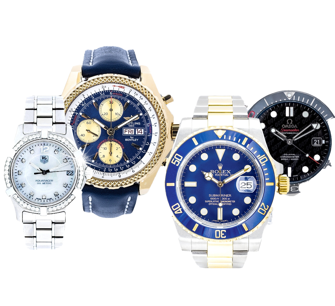 Four Pre-owned watches that Leo Hamel Fine Jewelers carries including a Rolex,
                    Breitling, Omega, and TAG Heuer.