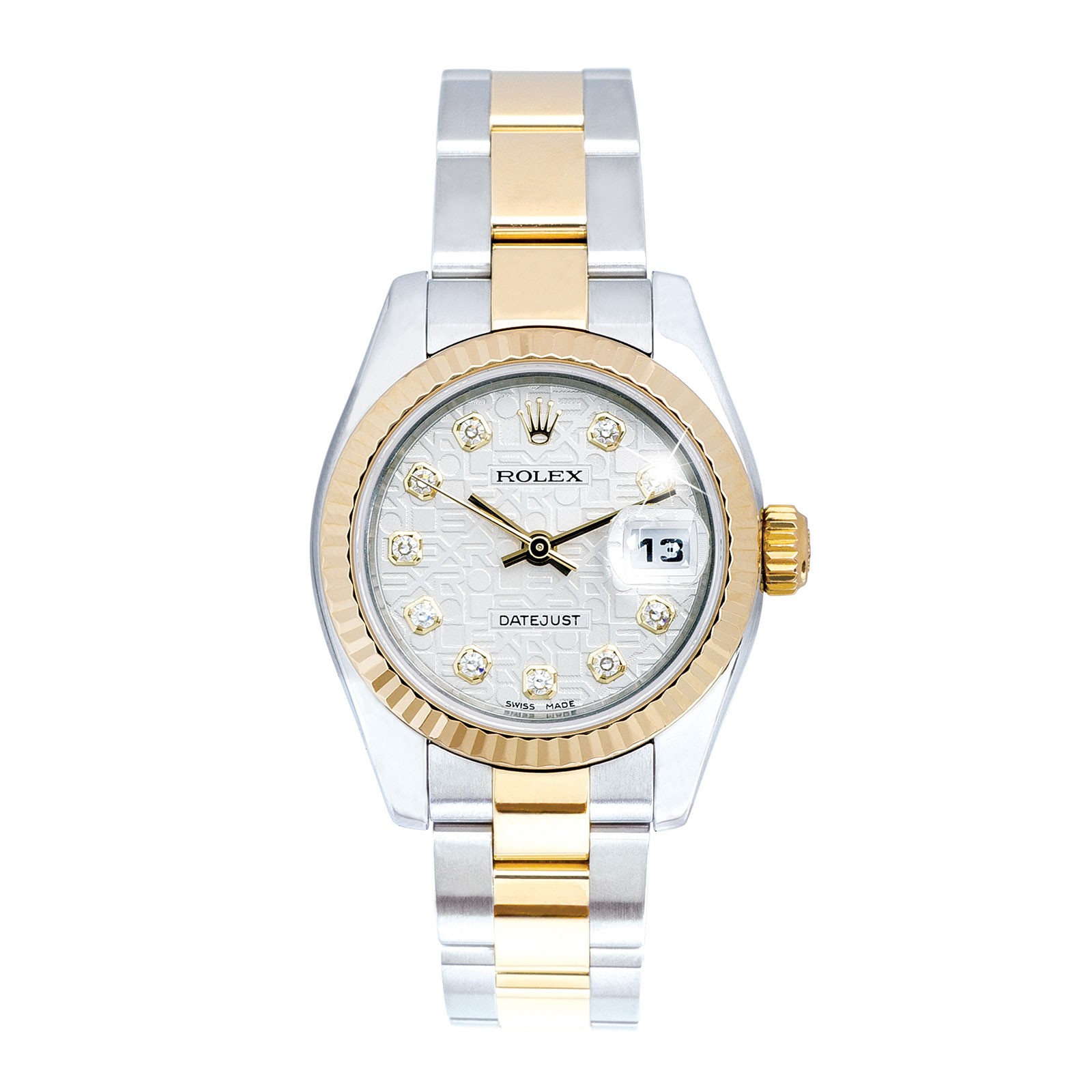 Pre-owned Rolex Datejust in stainless steel and yellow gold with a white dial.