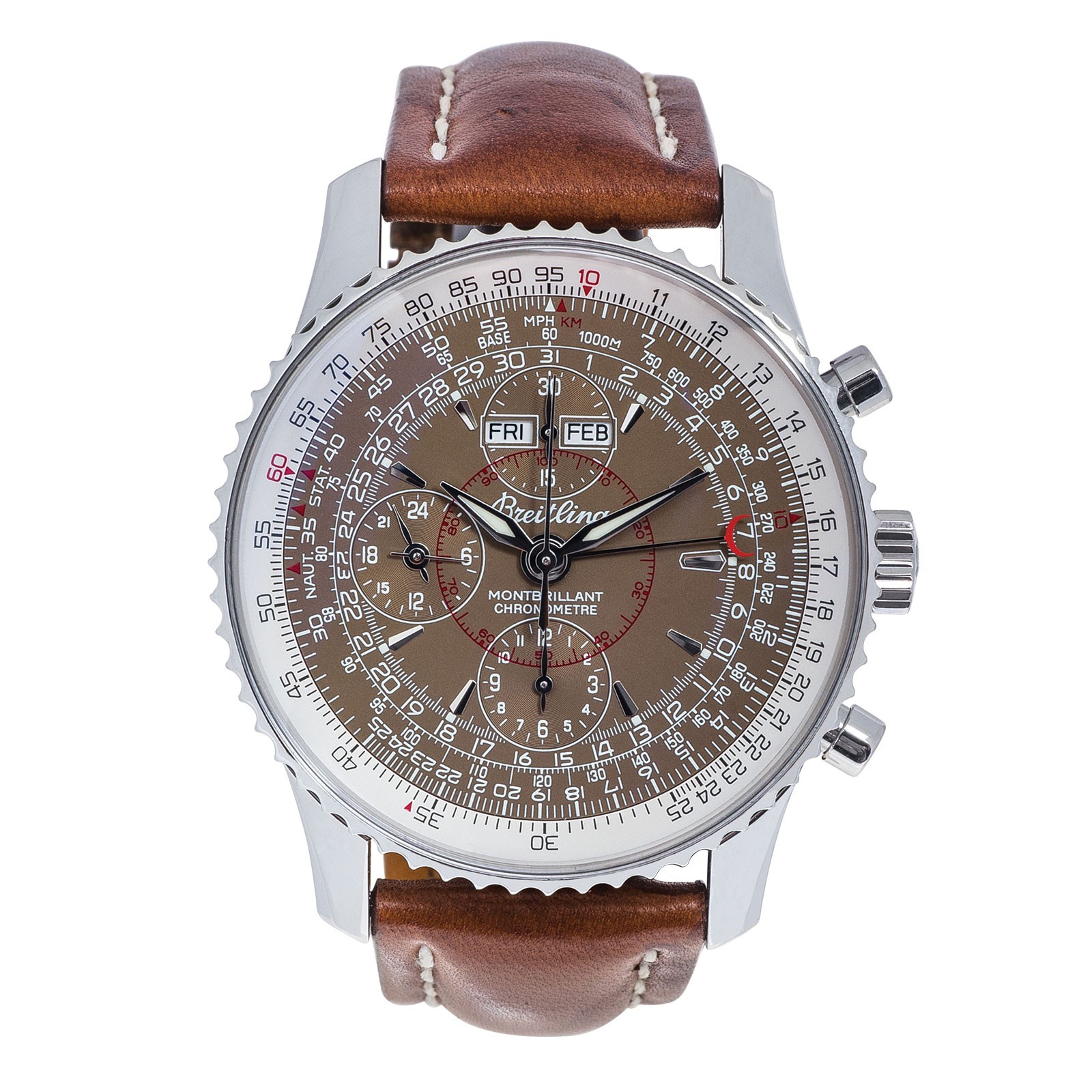 Pre-owned Breitling Montbrillant in stainless steel with a brown leather strap and brown dial.