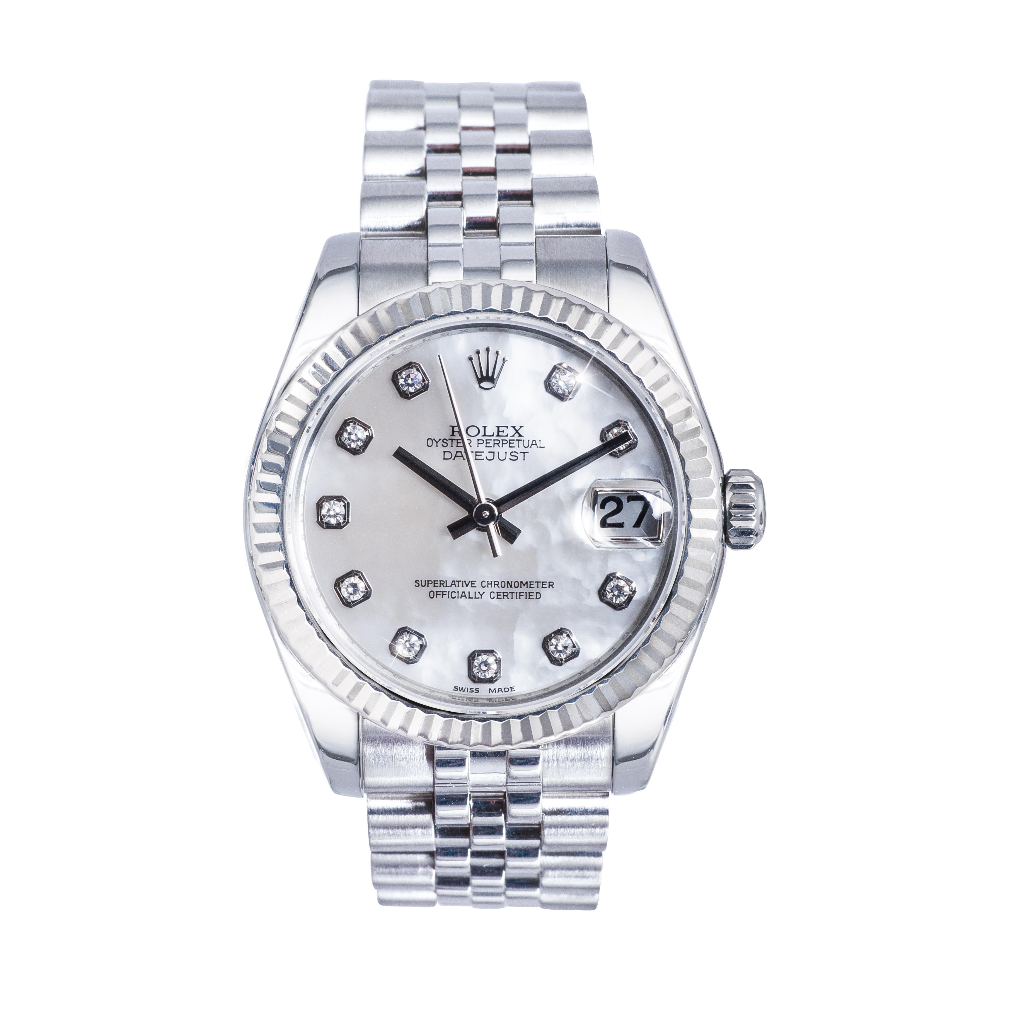 Pre-owned Rolex Datejust in stainless steel with a white dial.