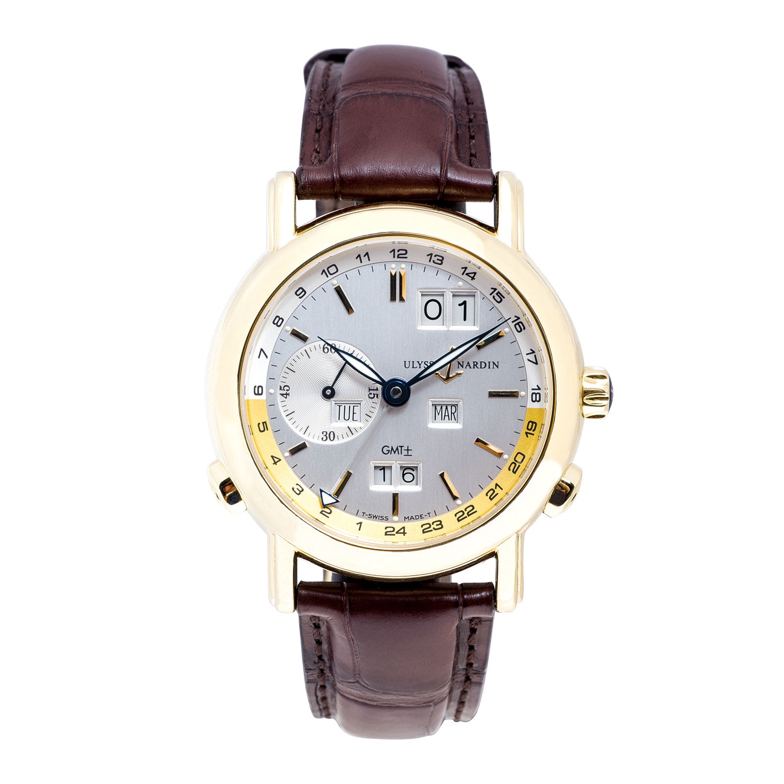 Pre-owned Ulysse Nardin in yellow gold with a white dial and brown leather strap.