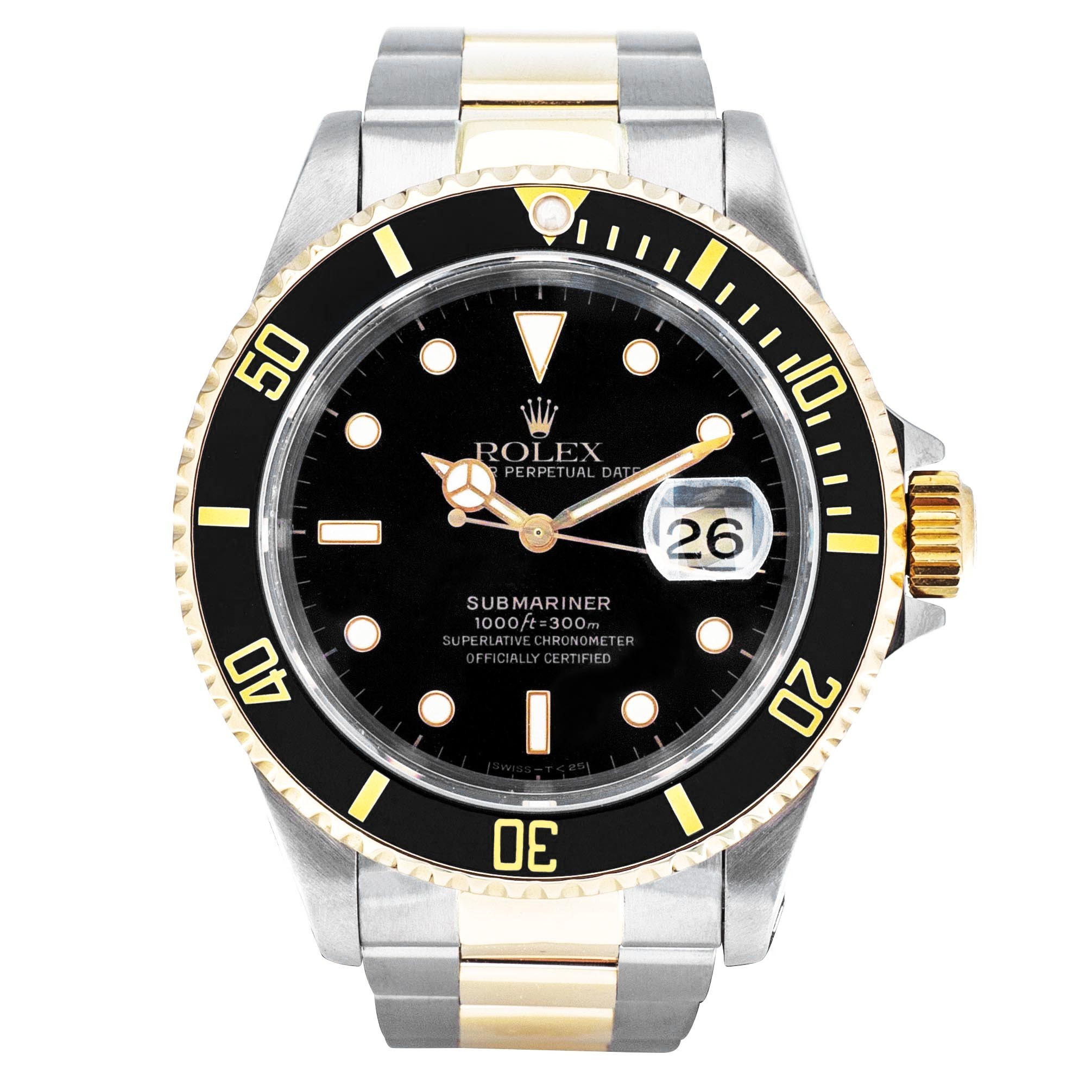 Pre-owned Rolex Submariner in stainless steel and yellow gold with a black dial.