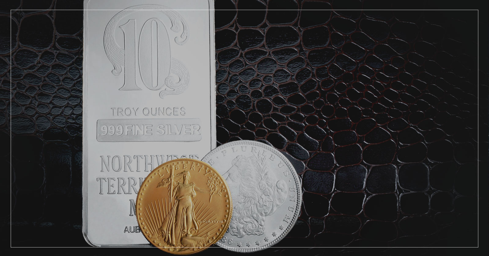 Silver bar paired with an American gold coin and American silver dollar.