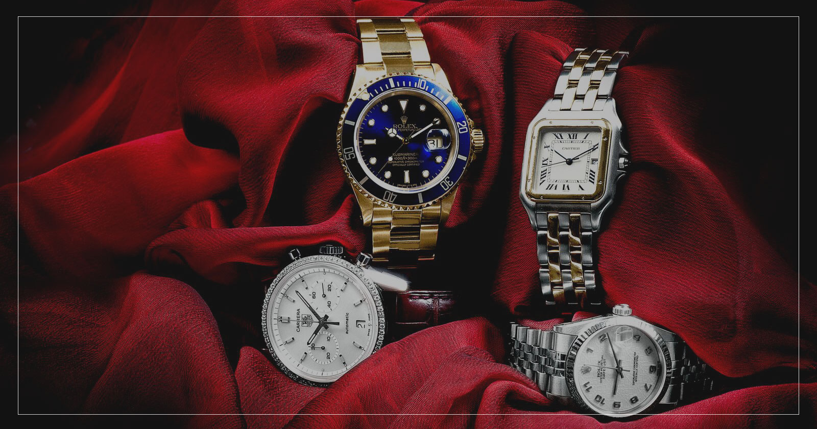 Pre-owned watches from brands that Leo Hamel Gold & Jewelry Buyers will purchase including Rolex, Cartier, and TAG Heuer.