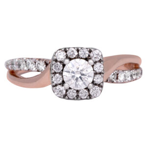 rose gold wavy ring with round brilliant diamond and cushion shaped halo