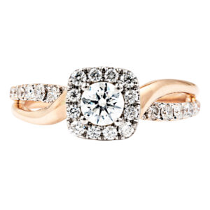 rose gold wavy ring with round brilliant diamond and cushion shaped halo