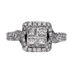 bypass white gold halo engagement ring set with four princess diamonds surrounded by round diamonds and diamonds in the band