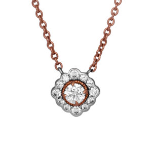 rose gold and platinum pendant set with round diamonds