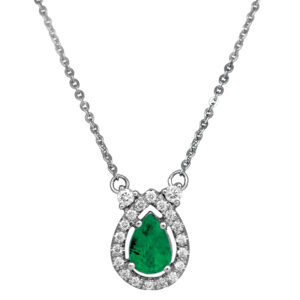 white gold halo pendant set with a pear emerald surrounded by round diamonds