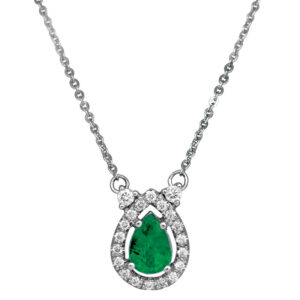white gold pendant set with a pear emerald and halo of round diamonds