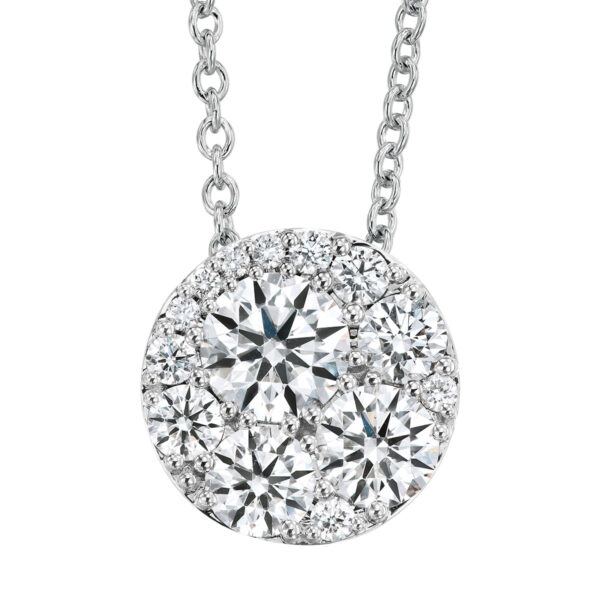 whit gold round pendant set with multiple different sized round diamonds