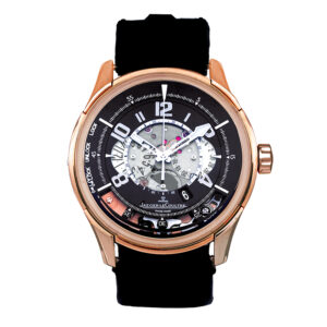 rose gold watch with a black strap and black skeleton dial