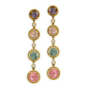 yellow gold dangle earrings set with multicolor round sapphires and small round diamonds