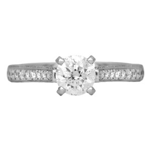 Vintage 14k white gold engagement ring centered with a 0.93 carat round brilliant diamond, 0.60 carats of round brilliant diamonds in the band, and a diamond gallery.