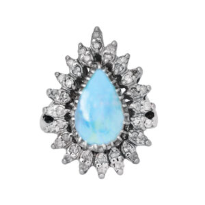 white gold halo ring centered with a blue green pear opal surrounded by marquise diamonds