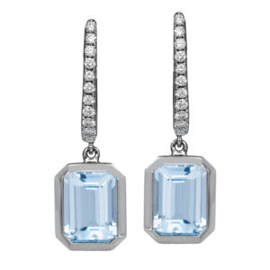 white gold halo drop earrings set with emerald cut aquamarine