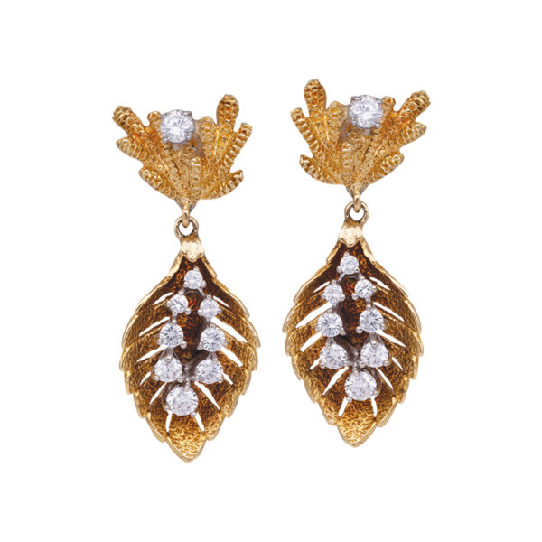 yellow gold leaf drop earrings set with round diamonds in the leaves