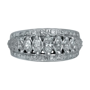 white gold tapered band set with marquise diamonds and round diamonds outside of it