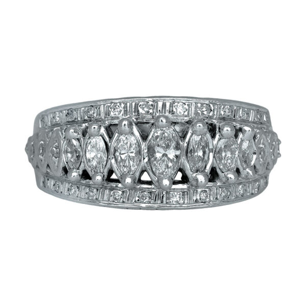 white gold tapered band set with marquise diamonds and round diamonds outside of it